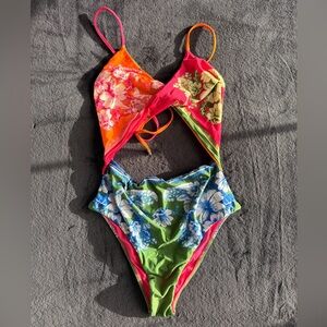 Farm Rio Mixed Scarves Floral Elegance One-Piece Swimsuit